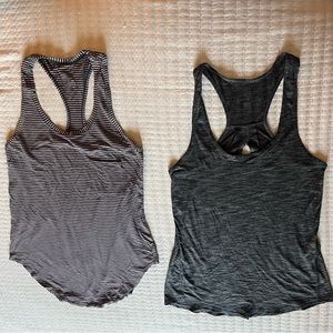 Bundle Of Two Lululemon Grey & Grey-White Striped Yogi Racer Back Tank Tops.